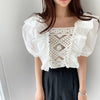 Square Collar Lace Crochet Hollow Puff Sleeve Shirt Women Short Sleeve Top Clothes